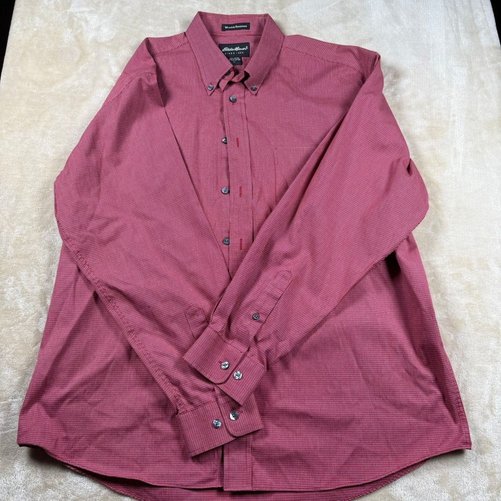 Eddie Bauer‎ Mens L Button Up Shirt Long Sleeve Red Wrinkle Resistant Cotton